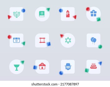 hanukkah glass morphism trendy style icons. hanukkah transparent glass color vector icon with color figures. for web and ui design, mobile apps and promo business advertising