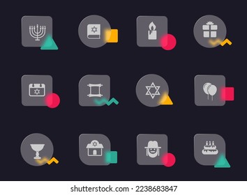 hanukkah glass morphism trendy style icons. hanukkah transparent glass vector icons with color memphis figures. for web and ui design, mobile apps and promo business advertising