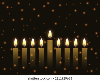 Hanukkah gold greeting card with candles. Happy Hanukkah, Jewish holiday background. Vector Hanukkah background with menorah