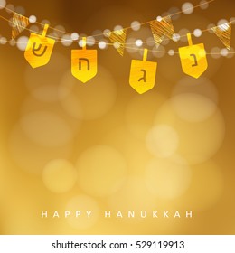 Hanukkah golden background with string of lights, dreidels and flags. Festive party decoration. Modern blurred vector illustration for Jewish Festival of light.