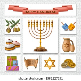 Hanukkah golden template with Torah, menorah and dreidels. Greeting card. Translation Happy Hanukkah. Vector illustration.