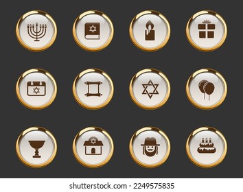 hanukkah gold-rimmed vector icons on dark background. hanukkah icons in gold frame for web, mobile and ui design
