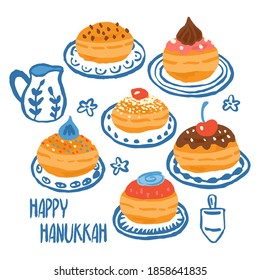 Hanukkah greeting card design with hand drawn traditional donuts