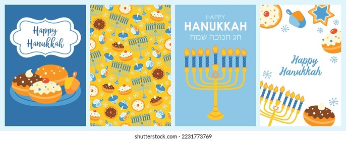 Hanukkah greeting card design set with menorah, donuts and gift boxes. Childish print for cards, poster and background. Vector Illustration