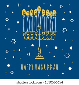 Hanukkah greeting card design template with stars, mehorah and candles. Hand drawn sketch vector illustration on blue background