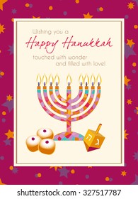 Hanukkah Greeting card design vector template. Jewish Light Festival greeting card, wallpaper / background. Hanukkah menorah with candles, spinning dreidel with Hebrew letters & traditional donuts.