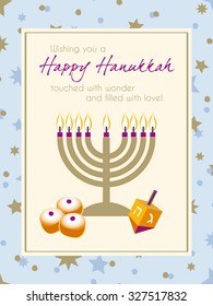 Hanukkah Greeting card design vector template. Jewish Light Festival greeting card, wallpaper / background. Hanukkah menorah with candles, spinning dreidel with Hebrew letters & traditional donuts.