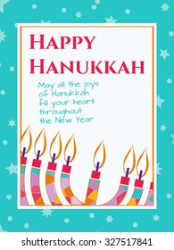 Hanukkah Greeting card design vector template. Jewish Light Festival greeting card, wallpaper / background. Hanukkah menorah with candles illustration. Sample greeting text. Editable, layered