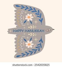 Hanukkah greeting card. Folk bird with flowers, plants and stars. Symbol of peace, dove. Hand drawing vector illustration for holiday design