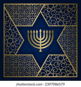 Hanukkah greeting card with a gold menorah and a patterned frame in the shape of Star of David.