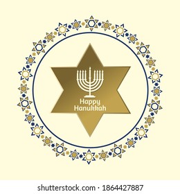 Hanukka Grußkarte. Fröhliche Hanukah-Schrift mit Menorah in David Stern und runden Ornamenten auf beigem Hintergrund. Elegantes Vektordesign für jüdische Urlaubskarten, Banner, Poster, Drucke.