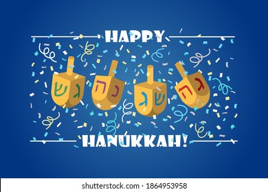 Hanukkah greeting card. Happy Hanukkah lettering with dreidels and confetti on blue background. Elegant festive vector design for Jewish holiday cards, banners, posters, prints.