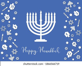 Hanukkah greeting card. Happy Hanukkah lettering with menorah and vertical ornament with dreidels, David stars, candles on blue background. Vector design for Jewish holiday banners, posters, prints.