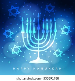 Hanukkah greeting card, invitation with hand drawn menorah (candelabra) and jewish stars. Modern blurred vector illustration background for Jewish festival of light.