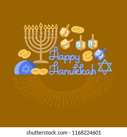 Hanukkah  greeting card. Jewish holiday. Vector illustration with handwritten words Happy Hanukkah, menorah, star, coin  and dreidel on brown background.