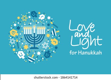 Hanukka Grußkarte. Liebe und Licht für Hanukah-Schrift mit Menorah, dreien, David Sterne, Kerzen in einem Kreis auf blauem Hintergrund. Elegantes Vektordesign für jüdische Urlaubskarten, Banner.