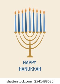 Hanukka Grußkarte. Menorah, Kerzen auf hellbeigem Hintergrund. Vektorgrafik im Clip-Art-Stil