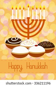 Hanukkah Greeting card. Hanukkah menorah, candles and donuts. Design vector template for jewish holiday Hanukkah