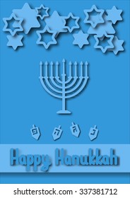 Hanukkah Greeting card. Hanukkah menorah, candles, and dreidel with Hebrew letters. Design vector template for jewish holiday Hanukkah