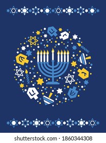 Hanukkah greeting card with menorah, dreidels, David stars, candles on blue background. Elegant bright vector design for Jewish holiday cards, backgrounds, banners, posters, flyers.