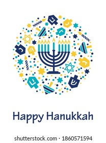 Hanukkah greeting card with menorah, dreidels, David stars, candles on white background. Elegant bright vector design for Jewish holiday cards, backgrounds, banners, posters, flyers.