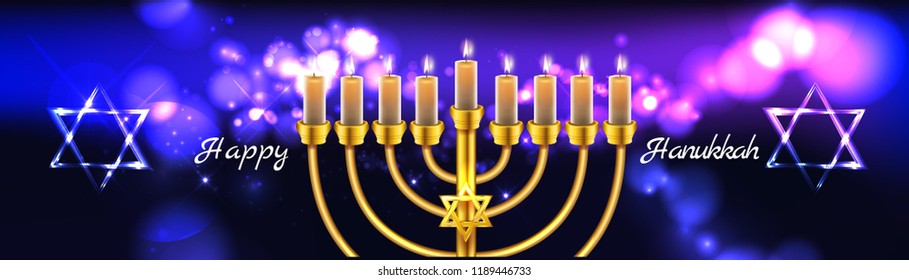 Hanukkah greeting card with menorah (traditional Candelabra). Happy Hanukkah, Jewish holiday background. Vector Hanukkah background with menorah.