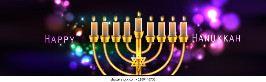 Hanukkah greeting card with menorah (traditional Candelabra). Happy Hanukkah, Jewish holiday background. Vector Hanukkah background with menorah.