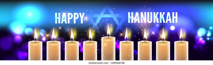 Hanukkah greeting card with menorah (traditional Candelabra). Happy Hanukkah, Jewish holiday background. Vector Hanukkah background with menorah.