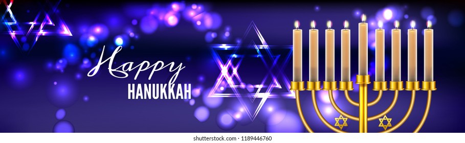 Hanukkah greeting card with menorah (traditional Candelabra). Happy Hanukkah, Jewish holiday background. Vector Hanukkah background with menorah.