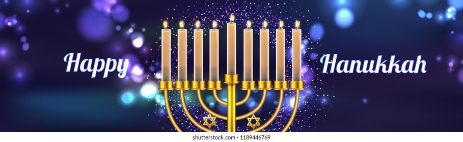Hanukkah greeting card with menorah (traditional Candelabra). Happy Hanukkah, Jewish holiday background. Vector Hanukkah background with menorah.