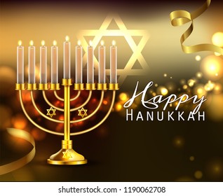 Hanukkah greeting card with menorah (Traditional Candelabra). Happy Hanukkah, Jewish holiday background. Vector Hanukkah background with menorah.