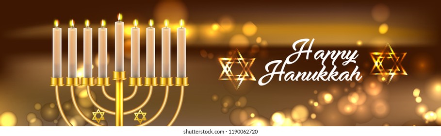 Hanukkah greeting card with menorah (Traditional Candelabra). Happy Hanukkah, Jewish holiday background. Vector Hanukkah background with menorah.