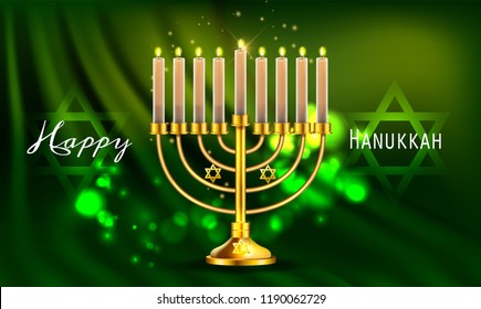 Hanukkah greeting card with menorah (Traditional Candelabra). Happy Hanukkah, Jewish holiday background. Vector Hanukkah background with menorah.