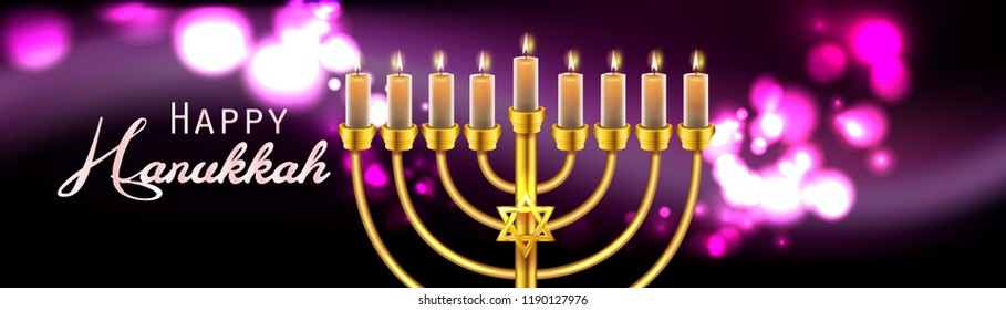 Hanukkah greeting card with menorah (Traditional Candelabra). Happy Hanukkah, Jewish holiday background. Vector Hanukkah background with menorah.