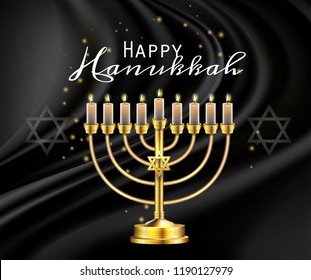 Hanukkah greeting card with menorah (Traditional Candelabra). Happy Hanukkah, Jewish holiday background. Vector Hanukkah background with menorah.