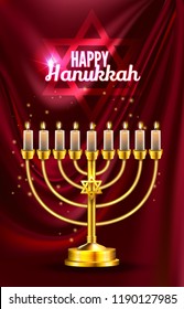 Hanukkah greeting card with menorah (Traditional Candelabra). Happy Hanukkah, Jewish holiday background. Vector Hanukkah background with menorah.
