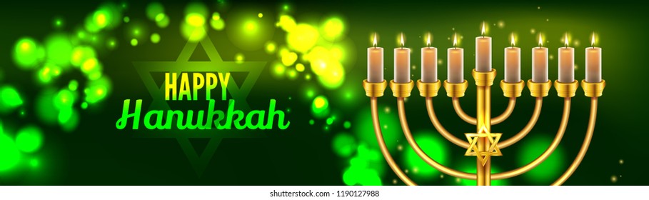 Hanukkah greeting card with menorah (Traditional Candelabra). Happy Hanukkah, Jewish holiday background. Vector Hanukkah background with menorah.