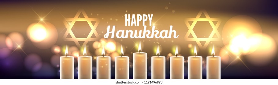 Hanukkah greeting card with menorah (Traditional Candelabra). Happy Hanukkah, Jewish holiday background. Vector Hanukkah background with menorah.