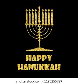 Hanukkah greeting card with menorah (Traditional Candelabra). Golden Hanukkah menorah isolated object on dark background. Jewish holiday. Vector illustration.