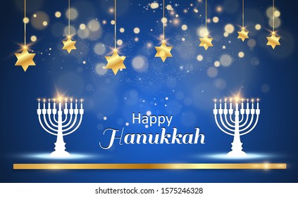 Hanukkah greeting card on a beautiful background with stars of David and an Israeli candlestick.