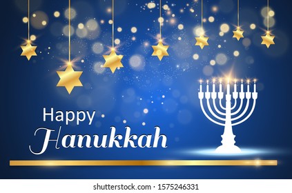 Hanukkah greeting card on a beautiful background with stars of David and an Israeli candlestick.