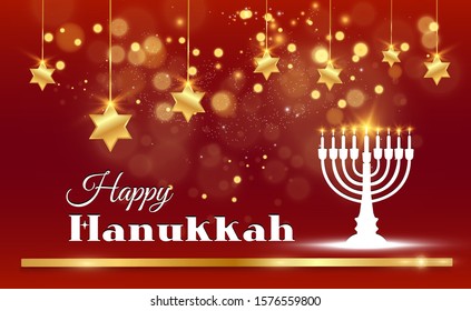 Hanukkah greeting card on a beautiful background with stars of David and an Israeli candlestick.