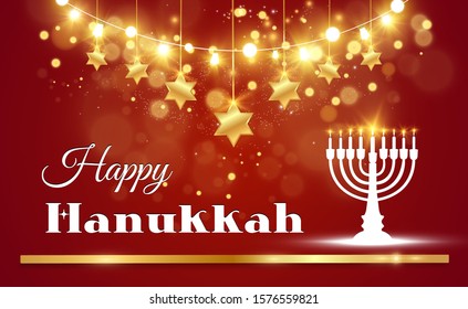 Hanukkah greeting card on a beautiful background with stars of David and an Israeli candlestick.