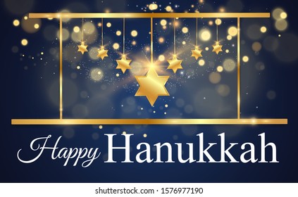 Hanukkah greeting card on a beautiful background with stars of David and an Israeli candlestick.