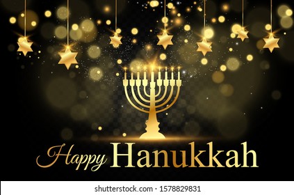 Hanukkah greeting card on a beautiful background with stars of David and an Israeli candlestick.