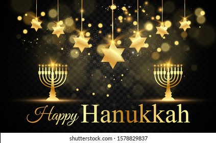 Hanukkah greeting card on a beautiful background with stars of David and an Israeli candlestick.