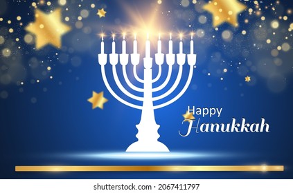 Hanukkah greeting card on a beautiful background with stars of David and an Israeli candlestick.	