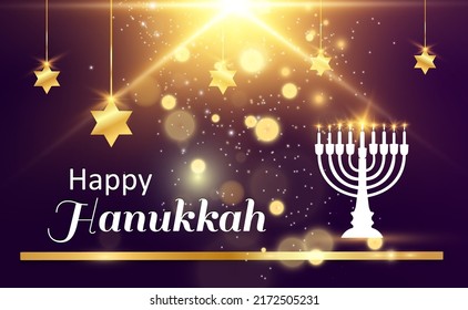 Hanukkah greeting card on a beautiful background with stars of David and an Israeli candlestick.