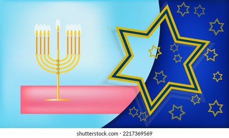 Hanukkah greeting card on a beautiful background with stars of David and an menorah.