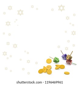 Hanukkah greeting card with star of David, dreidels and gold coins. Place for your Text. Traditional Chanukah symbols isolated on white background. Vector illustration